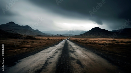 Empty, winding road disappearing into the distance, with the stark landscape and moody sky.