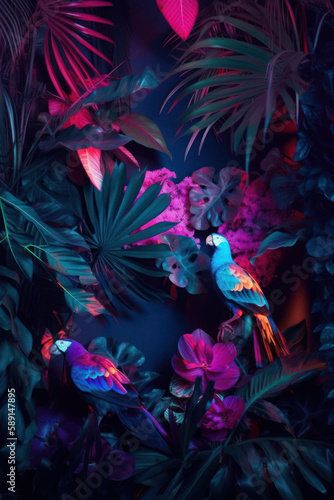 Tropical background exotic fresh neon lights Summer palm leaves, plants and parrot in vivid colorful neon colors, seamless illustration pattern. Generative AI.
