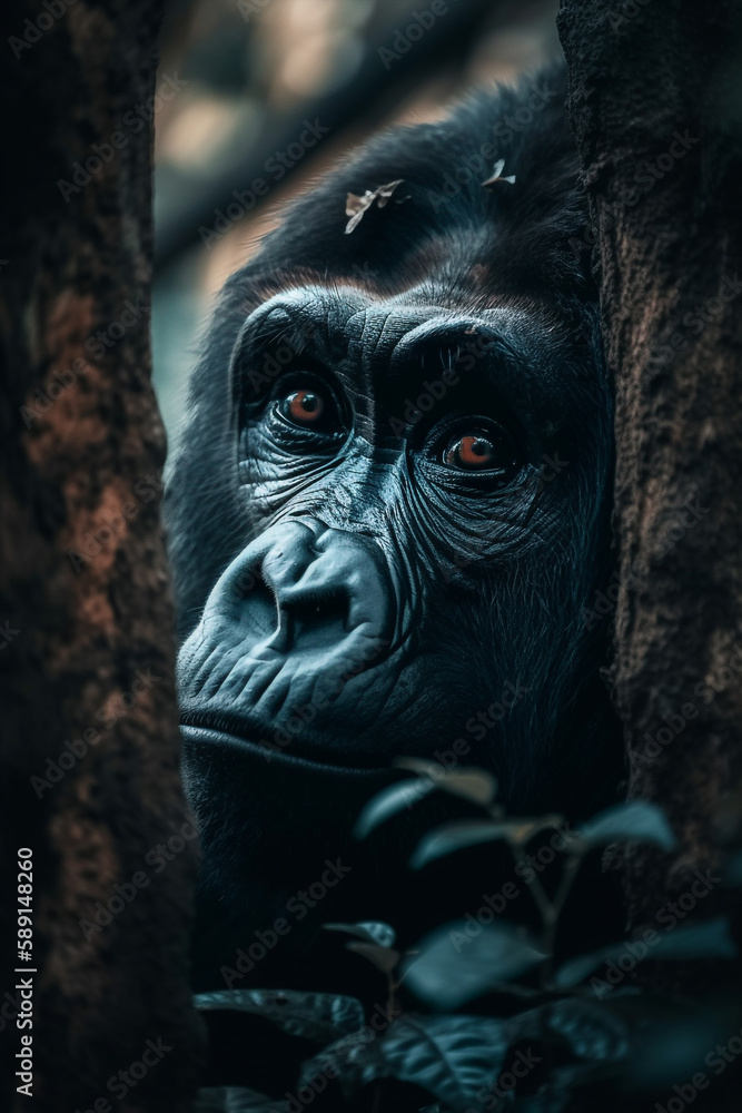 Gorilla Peeking Out From Fairytale Forest Tree Generative Ai Digital Illustration Part#030423