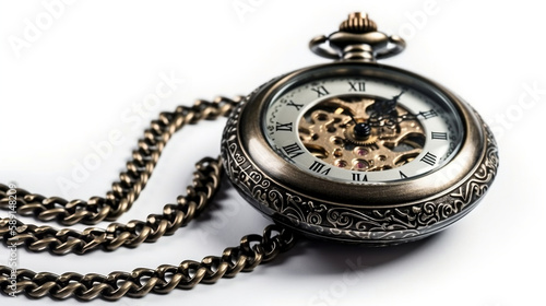 Pocket watch swinging on a chain white background. Generative AI.