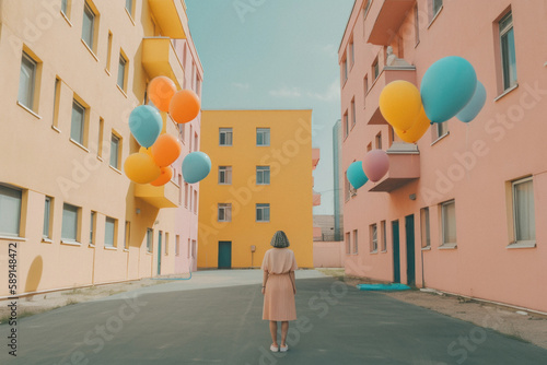 The landscape of the town square, residential buildings in pastel colors and colorful balloons flying everywhere and decorating the street. Generative AI. photo