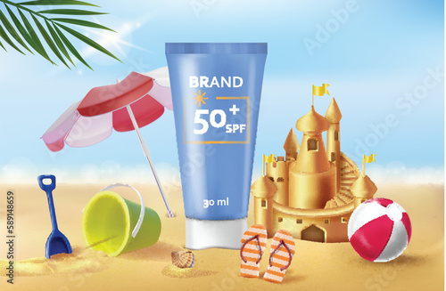 Realistic Detailed 3d New Sunscreen Water Resistant Sunblock for all Skin Types Concept Background. Vector illustration