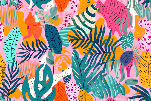 Seamless pattern tropical background, illustration of exotic summer leaf and plants in vivid colorful colors, flat lay. Generative AI. © Uncanny Valley