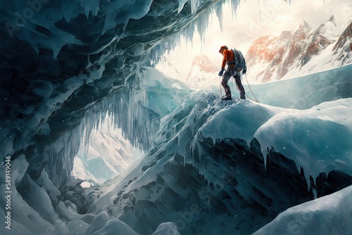 A climber cuts an ice axe into the ice cover of the mountain, a view from below, created with generative ai