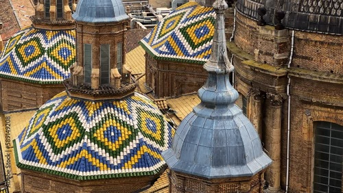 Aerial view on the roofs of Basilica of Our Lady of the Pilar in Zaragoza, Spain. High quality 4k footage