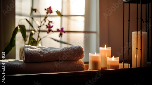 Beautiful and relaxing spa with candles, flowers, and towels. natural light coming from the window.