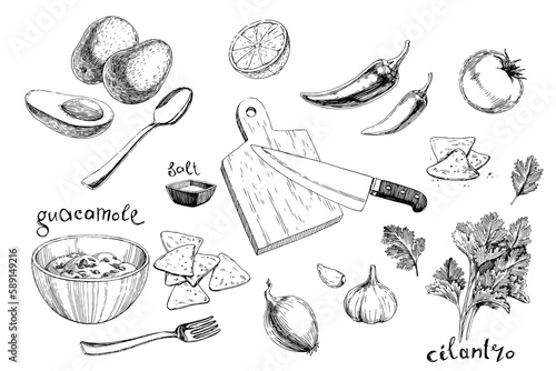Vector hand-drawn illustration of a set of ingredients for guacamole, isolated on a white background. A recipe of guac in sketch style. Avocado, tomato pepper, spices and cooking appliances.