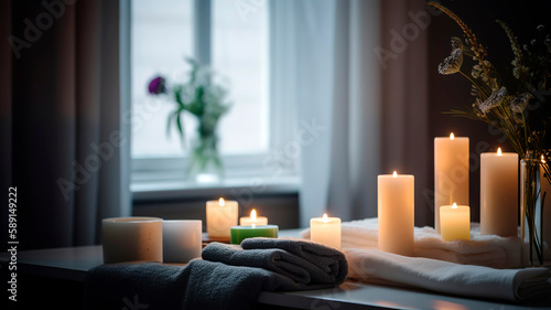 Beautiful and relaxing spa with candles, flowers, and towels. natural light coming from the window.
