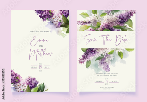 Floral Wedding invitation card. Watercolor lilac flowers.