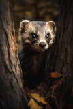 Polecat Peeking Out From Fairytale Forest Tree Generative Ai Digital Illustration Part#030423