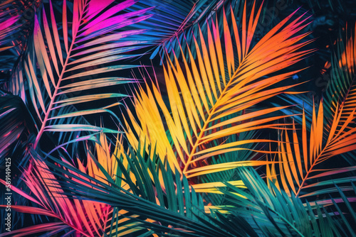 Tropical background exotic fresh green Summer palm leaves and plants in vivid colorful neon colors, flat lay of seamless pattern. Generative AI.