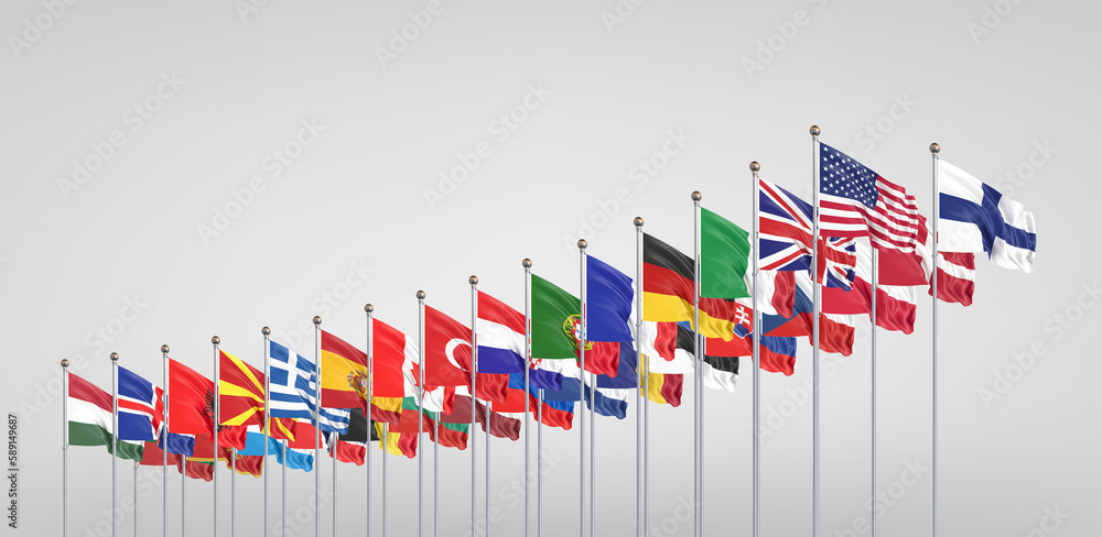 Obraz premium Flags of NATO - North Atlantic Treaty Organization and Finland. - 3D illustration. Isolated on grey background.