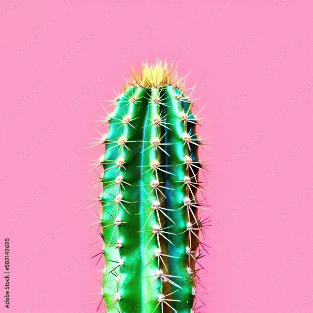 Naklejka premium Plant creative concept vivid colors, fresh prickly cactus plant close up on background. Tropical summer desert plant. Generative AI.