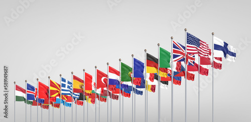 Flags of NATO - North Atlantic Treaty Organization and Finland.  - 3D illustration.  Isolated on grey background.
