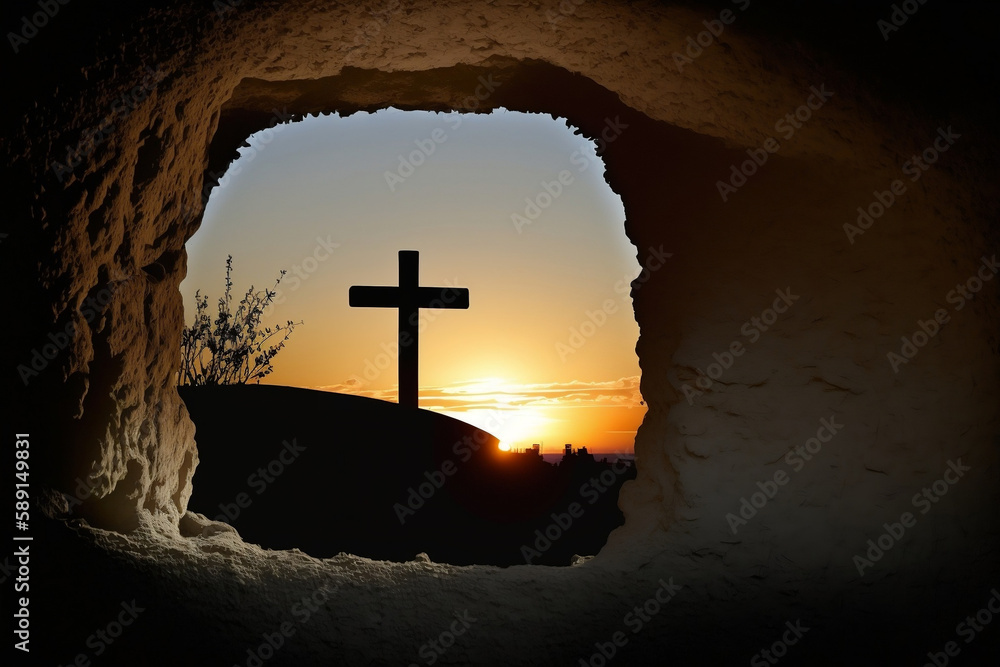Easter Sunday concept: Empty tomb stone with palm leaves over meadow sunset background, AI-generated