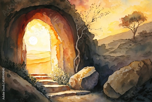 Wallpaper Mural Easter Sunday concept: Empty tomb stone with palm leaves over meadow sunset background, AI-generated Torontodigital.ca