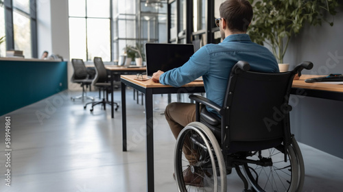Fictional Person, Inclusive Workplace: A Person in a Wheelchair Working with a Laptop in the Office, generated by IA 