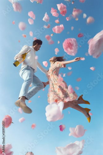 Portrait of young beautiful couple in love on Spring abstract background, fresh colorful meadow flowers in the air. On clear blue sky, plant nature concept. Flower explosion. Generative AI.