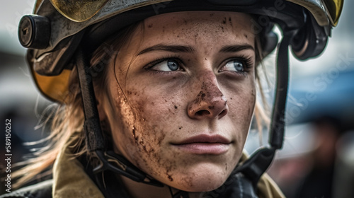 Portrait of woman of firefighter close -up. Girl's face stained in soot and soot after extinguishing fire. Generative AI. © SERGEI