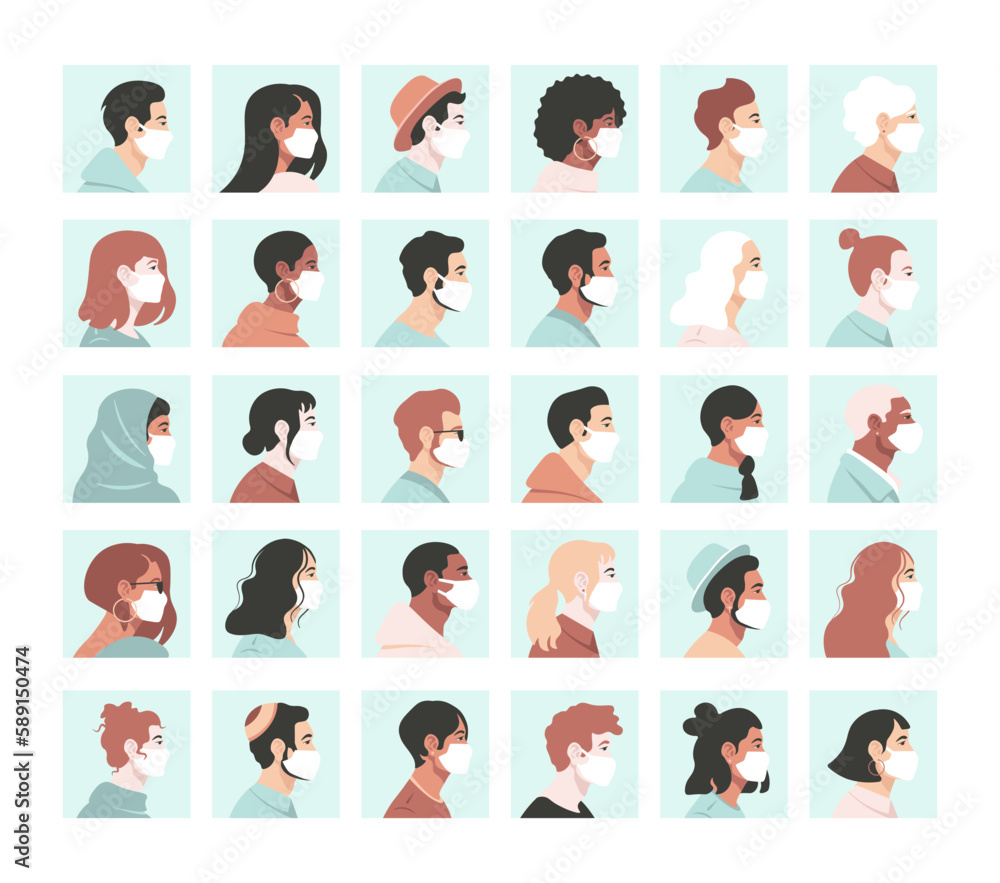 Covid 19 avatars set different people in protective coronavirus mask flat vector illustration Covid 19 avatars set different people in protective coronavirus mask flat vector illustration