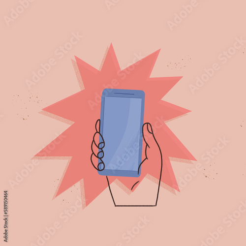 Illustrated Hand Holding a Smartphone with Visual Effect in the Background