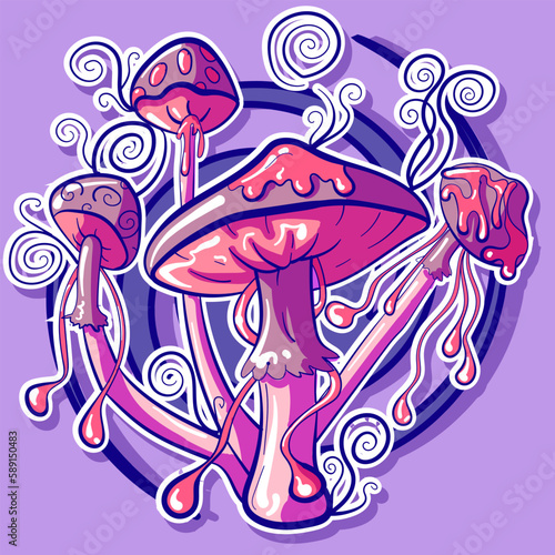 Pink and purple vector illustration of LSD mushrooms with spores. Psychedelic psylocybin shrooms vector. Vibrant colorful drugs and trippy visual