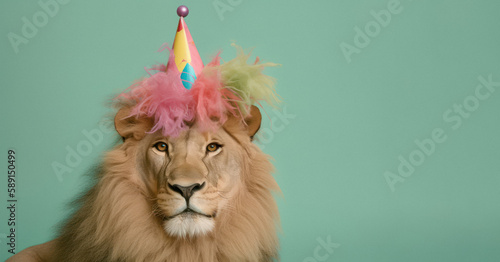 Crazy animal birthday party, balloons, confetti and fun for the animal world. Celebratory lion waiting for guests from the jungle at the party. Generative AI. photo