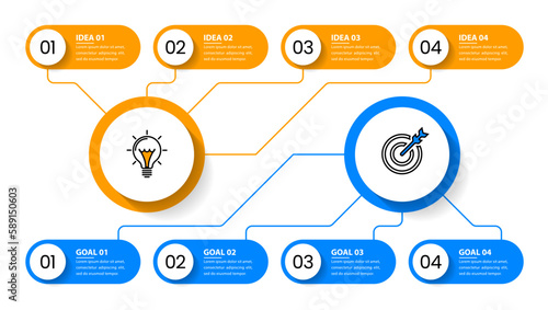 Infographic template. 2 icons with 4 connected steps