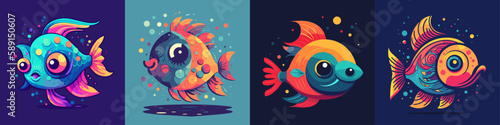 Flat color vector of colorful fishes set collection