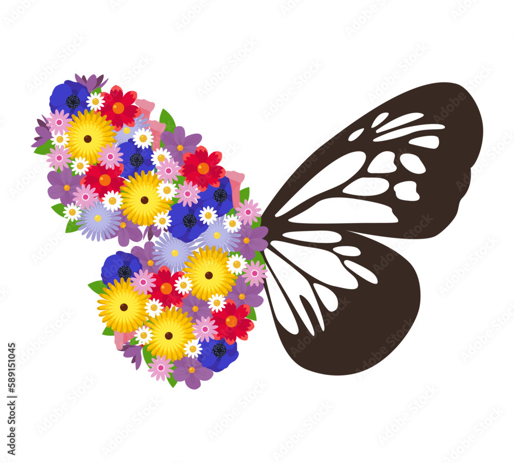Flower butterfly. Floral composition on the wing of a butterfly, half shape. Vector illustration Flower butterfly. Floral composition on the wing of a butterfly, half shape. Vector illustration
