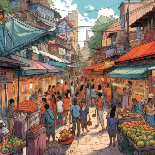 Bustling street market in a vibrant multicultural city © 3DLeonardo