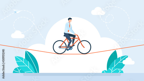 Businessman is riding a bicycle on the rope. Acrobat, performer, challenge concept. Young man acrobat circus artist riding on bike on rope over blue sky. Confidence skill success. Vector illustration