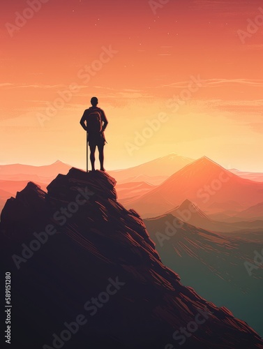 Successful man who has reached the top of the mountain and looks toward the horizon