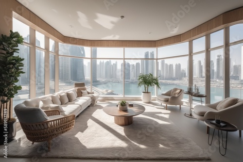 Yacht Views from Luxurious Penthouse in Dubai Marina. Generative AI
