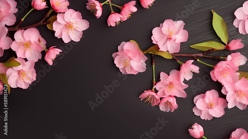 Copyspace background with cherry blossom decor. Wallpaper template created using generative AI Tools.