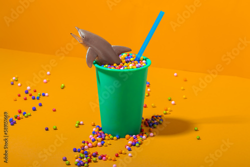 Plastic dolphin in bucket with colorful beads photo