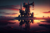 Oil drilling derricks at desert oilfield for fossil fuels output and crude oil production from the ground. Oil drill rig and pump jack. Turning valve and pipelines. High quality illustration