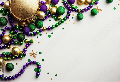 Mardi gras background, border on white with purple gold green beads and copy space. Generative AI