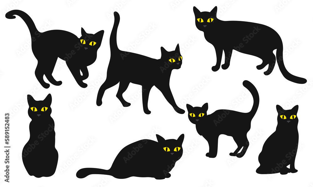 A set of black cats in different poses for Halloween. Cats in a simple black style with bright yellow eyes. A collection of elements with different emotions in a cat