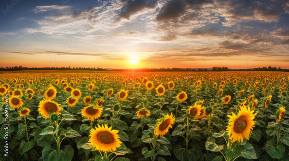 Sunflower field, agricultural landscape. Generative AI