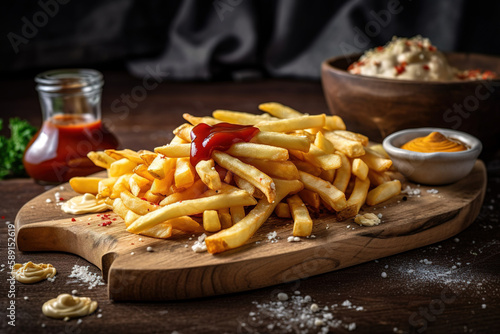 Generative AI illustration of delicious French fries served on wooden board with ketchup and mustard in wooden bowl garnished with salt photo