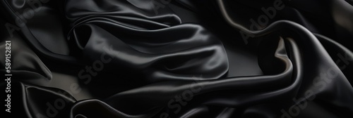 Midnight Velvet Elegant Sleek Black Satin Panorama Template with Soft Shiny and Smooth Fabric Creases for Wide Banner Design, Generative AI