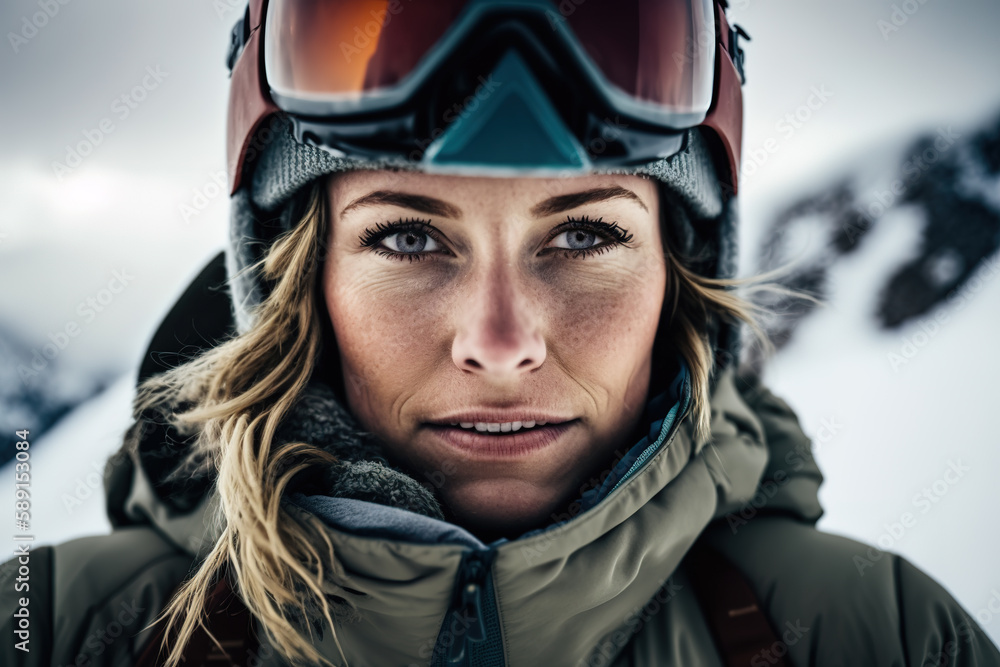 Generative AI portrait of woman in warm clothes and ski goggles looking at camera while standing against snowy mountains in winter Generative AI portrait of woman in warm clothes and ski goggles looking at camera while standing against snowy mountains in winter