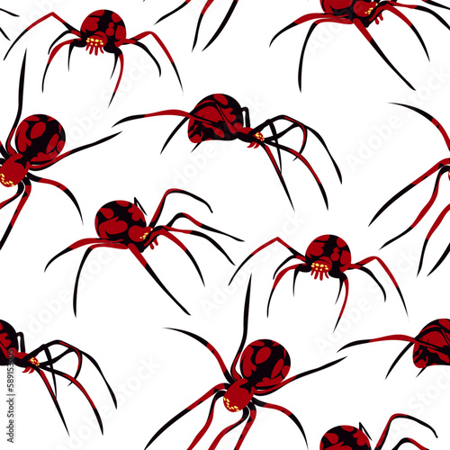 Pattern with spiders on a white background. Vector illustration of a black and red spider of different sizes with a pattern on the body. Printing on textiles and paper. Gift wrapping for Halloween