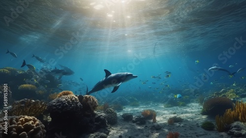 Dive into the Vibrant & Detailed Underwater World: Experience a Pod of Playful Dolphins in Ultra HD & Ultra-wide Angle with Stunning OC Rendering, Generative AI © Georgy