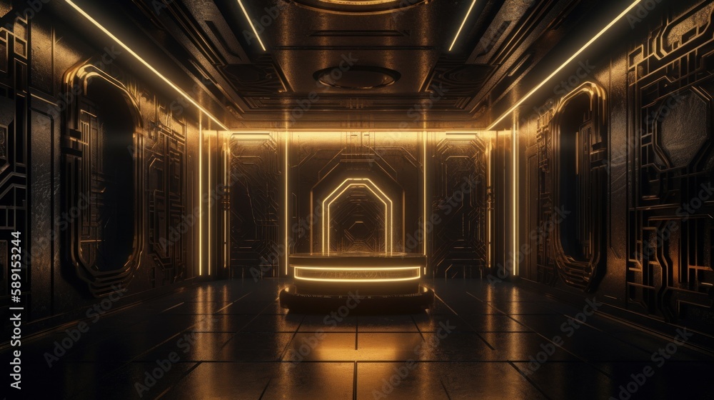 Naklejka premium Stunning Award-Winning Rich Gold & Dark Gray Interior Luxury featuring Unique Digital Art and Intricate 8K-HD Shiny Walls with Neon Lights and Wallpaper, Generative AI