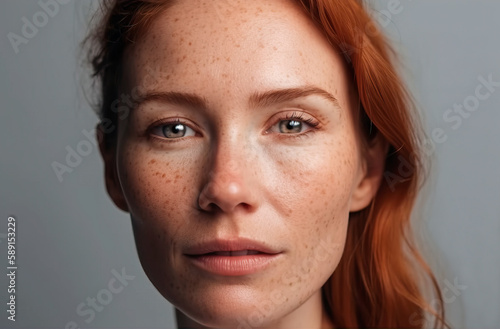 Generative AI illustration of mature redhead female with freckles and green eyes looking at camera on blurred background photo