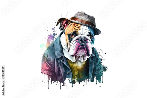 english bulldog in a hat drawn with watercolors isolated on a white background. AI generation photo
