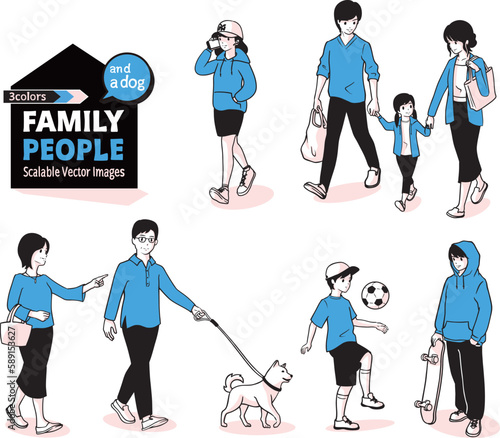 Family people scene. People of all ages and a dog. Vector Illustration.