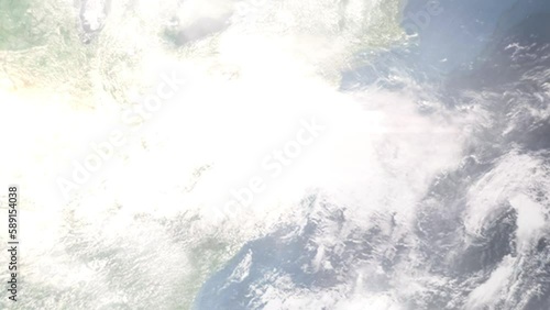 Earth zoom in from outer space to city. Zooming on Petersburg, Virginia, USA. The animation continues by zoom out through clouds and atmosphere into space. Images from NASA photo